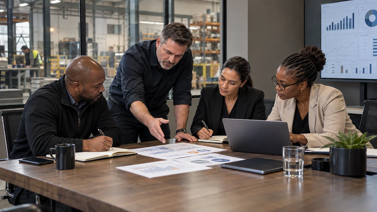 A management team reviewing performance information together inside an operating business.