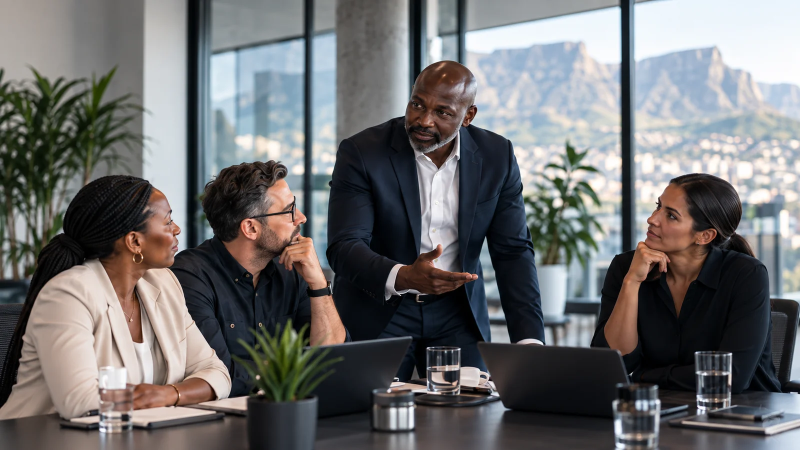 An executive and colleagues discussing ideas with a mountain view beyond the office