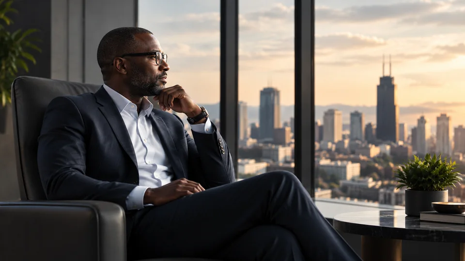 Senior executive reflecting in a contemporary office overlooking the city.