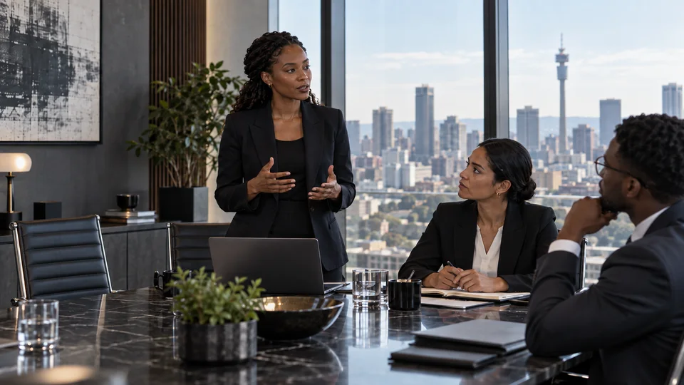 Younger managers discussing leadership priorities in a Johannesburg boardroom.